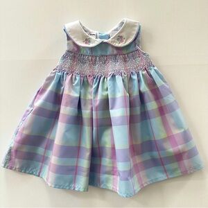 Vintage 12 Months Baby Girl Smocked Pastel Plaid Dress Spring Summer Easter